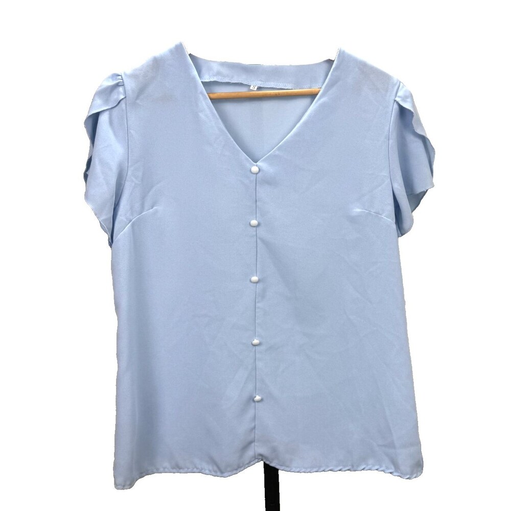 Light Blue Blouse Small Flutter Split Short Sleeves Lightweight Pullover V-Neck